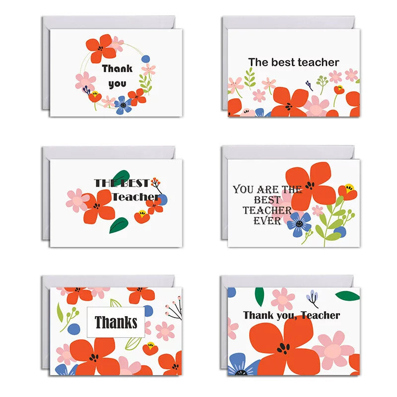Coral Poppy design set — 6 teacher appreciation cards with envelopes