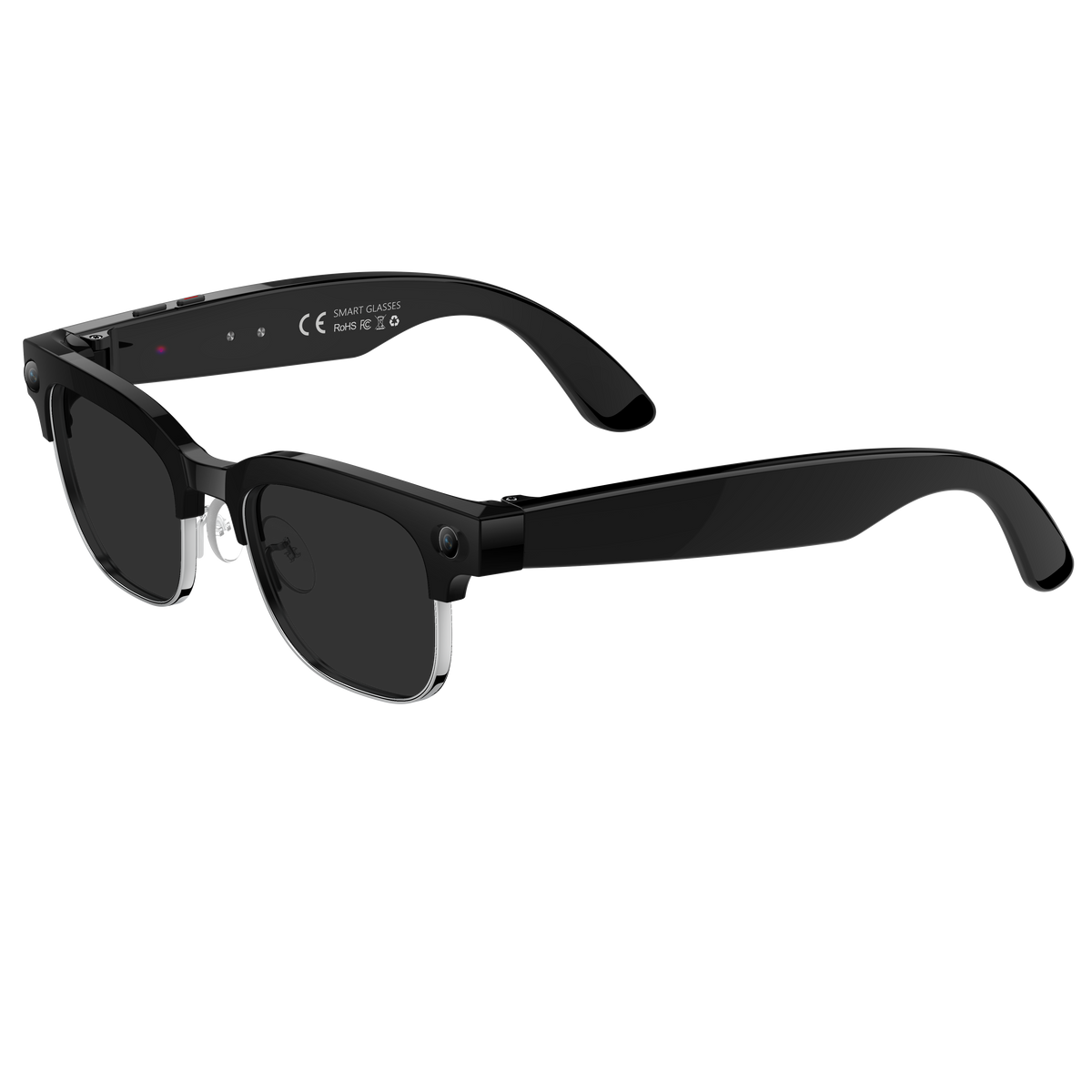 DJZ663 AI smart glasses — front view on black, tinted lenses