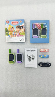 [gallery] W1 children's video walkie-talkie full set with packaging, two units, lanyards, and USB cable