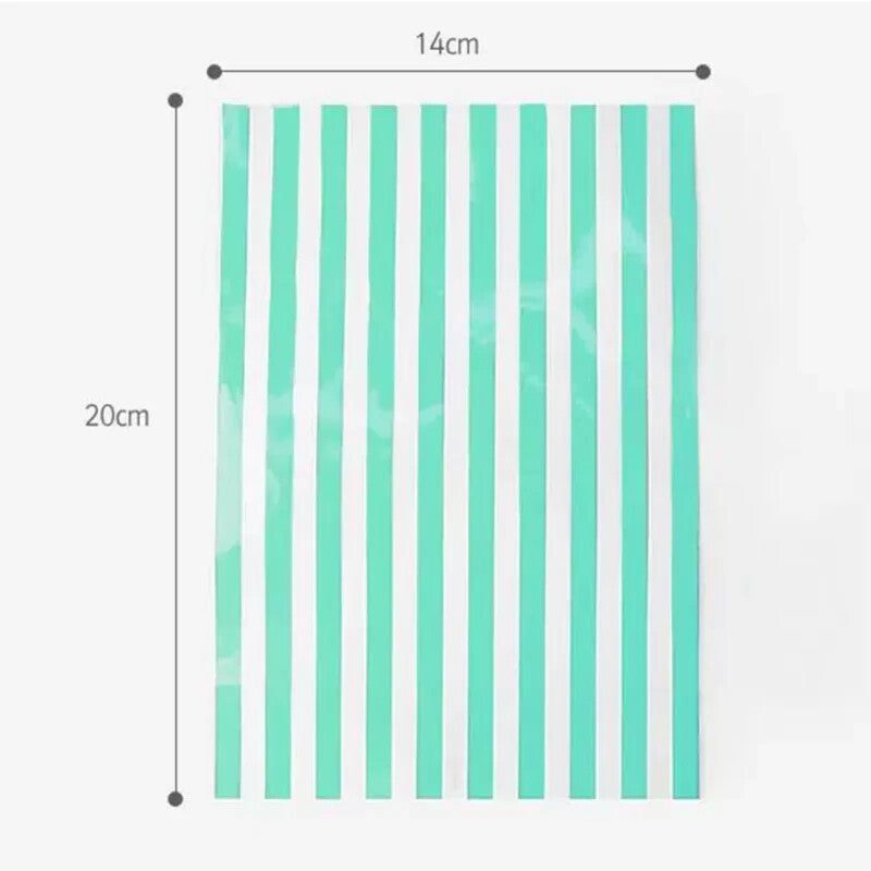 Mint green candy-stripe gift bag, flat, 14 by 20 cm