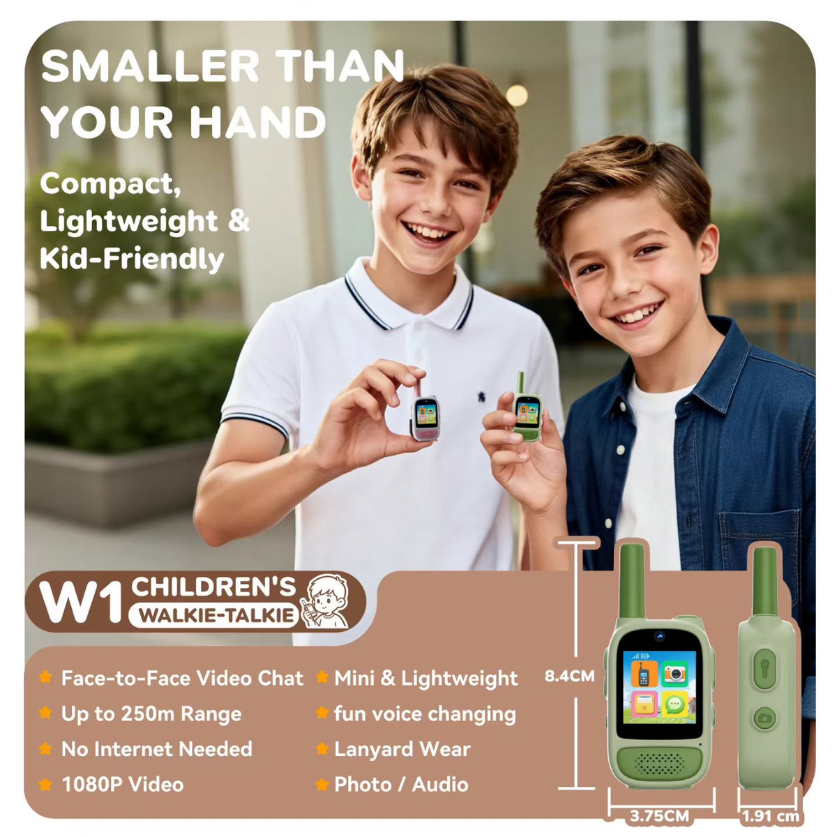 W1 size diagram 8.4 × 3.75 × 1.91 cm and key features overview