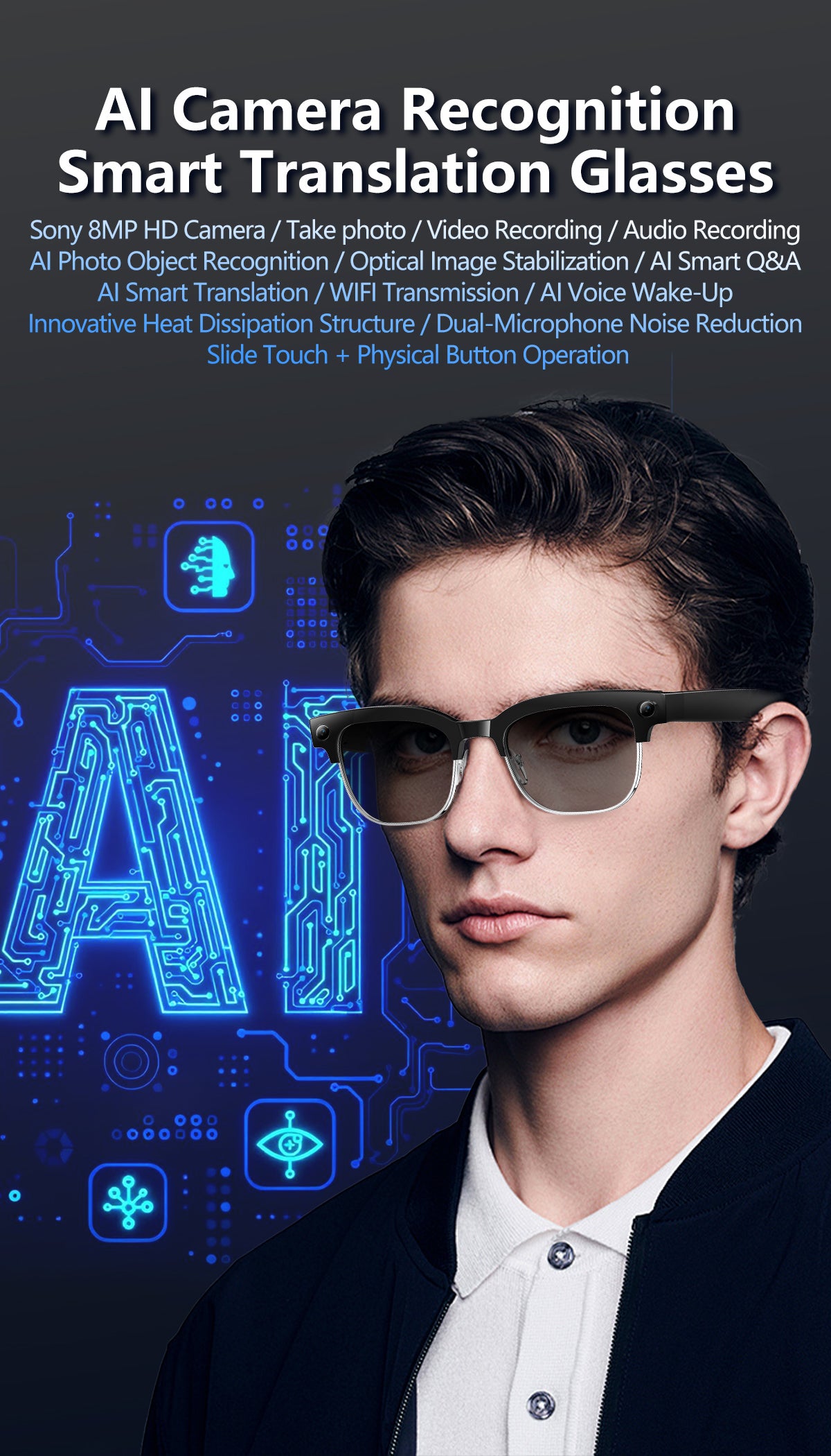 DJZ663 AI camera recognition smart translation glasses — lifestyle hero with feature overview