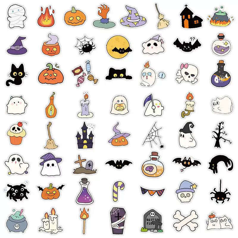 [gallery] Grid of small Halloween sticker designs — pumpkins, ghosts, candles, witches, and cats