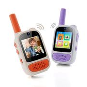 [gallery] W1 video walkie-talkie pair in orange and purple showing video call and home menu