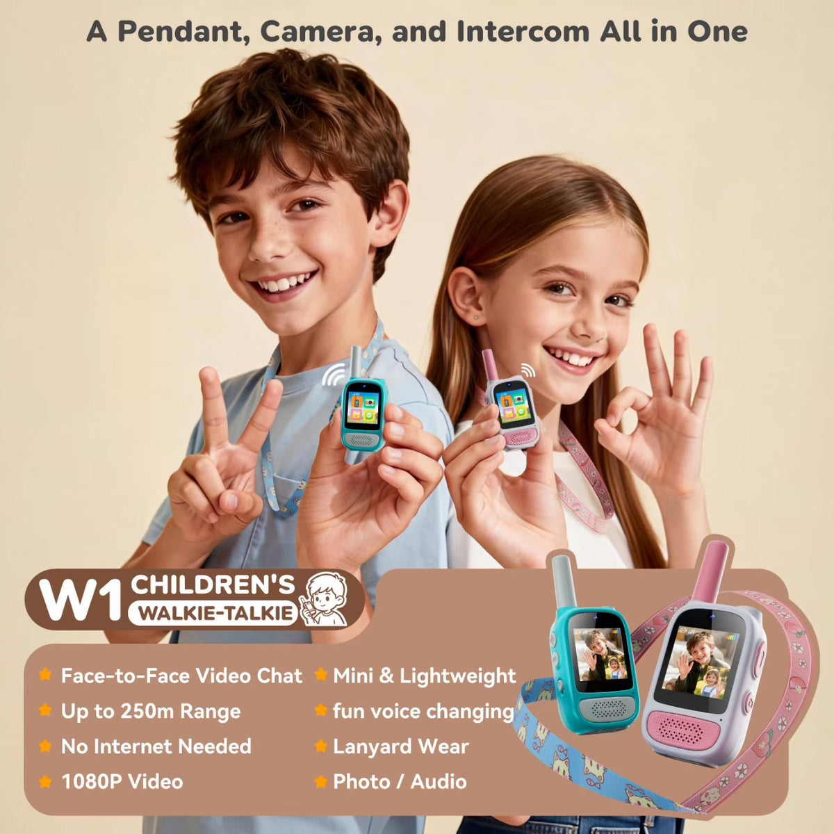 W1 as pendant, camera, and intercom all in one with feature list