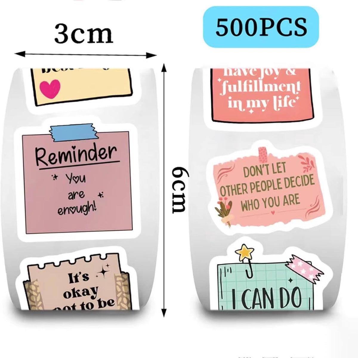 Sticker roll dimensions and 500-piece pack