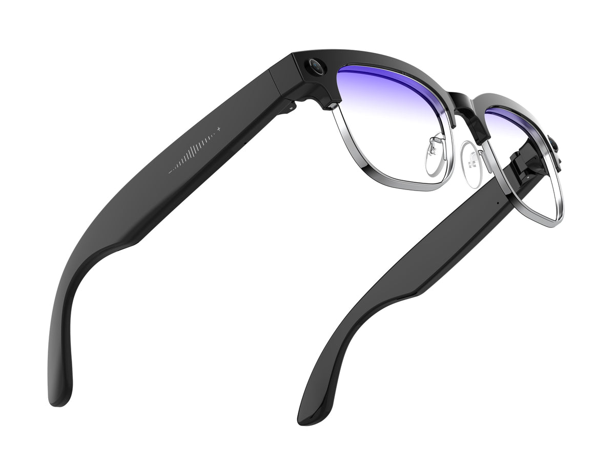 DJZ663 AI smart glasses — three-quarter view showing temple touch control