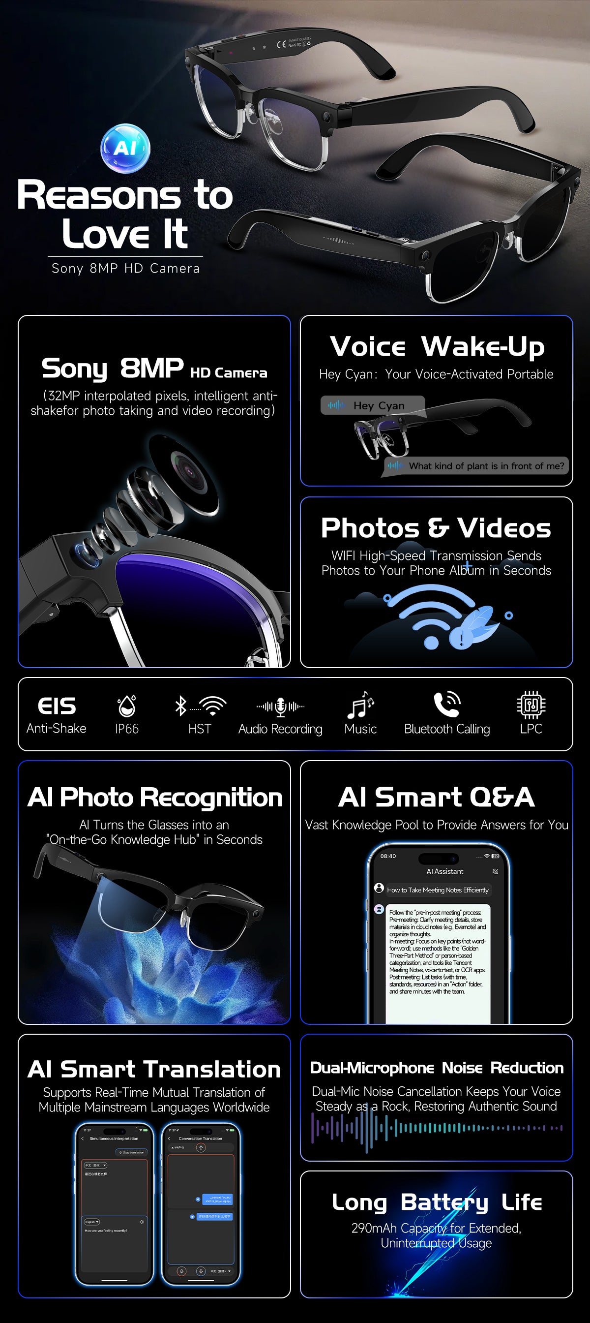 DJZ663 feature board — Sony 8MP camera, Hey Cyan voice AI, translation, Wi‑Fi transfer, IP65