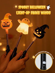 [gallery] Spooky Halloween light-up shake wands — orange-hat, ghost, and black-hat with pull-tab