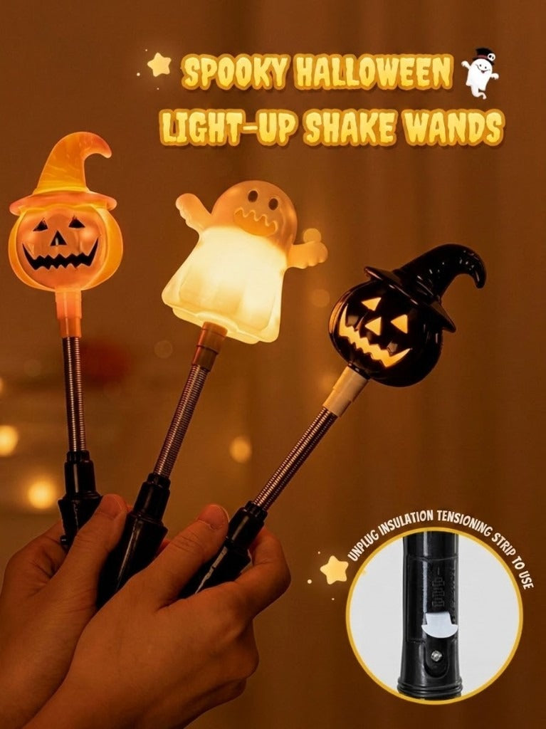 [gallery] Spooky Halloween light-up shake wands — orange-hat, ghost, and black-hat with pull-tab