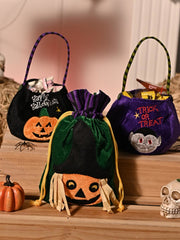 [gallery] Halloween plush candy bags on a wooden shelf with skeleton decor