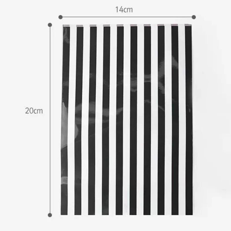 Black candy-stripe gift bag, flat, 14 by 20 cm
