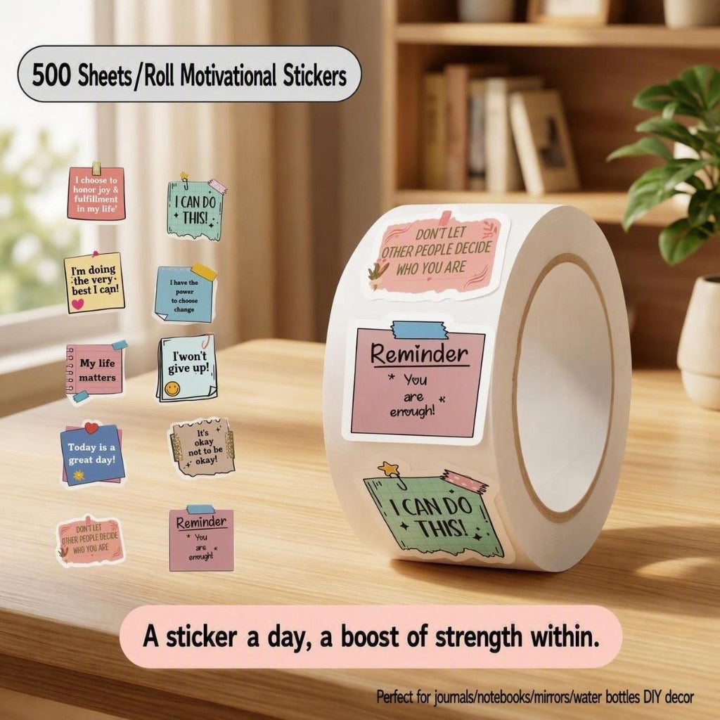 Affirmation sticker roll on a desk — 500 sheets, English overlays