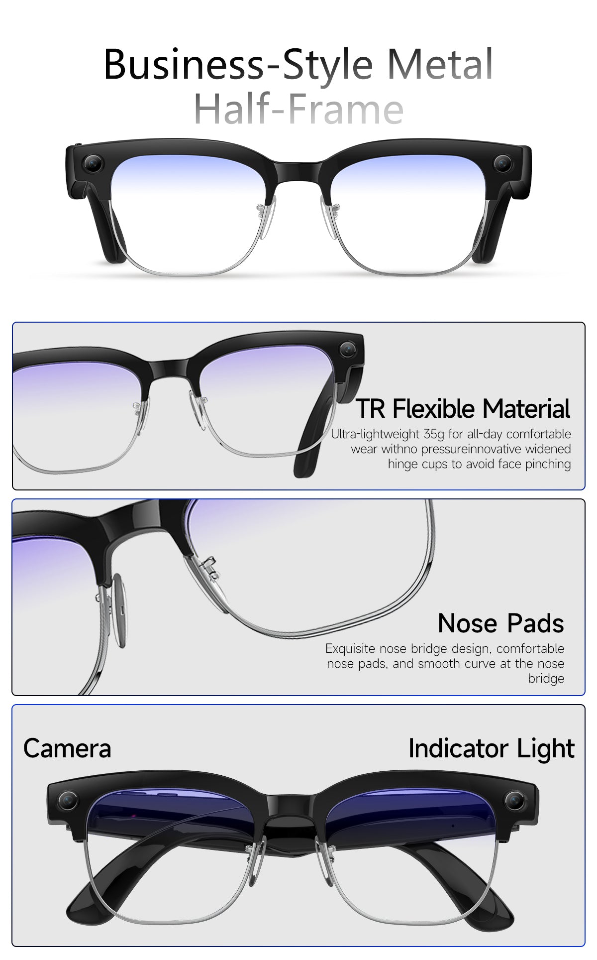 Business-style metal half-frame design — TR flexible upper, 35 g lightweight wear