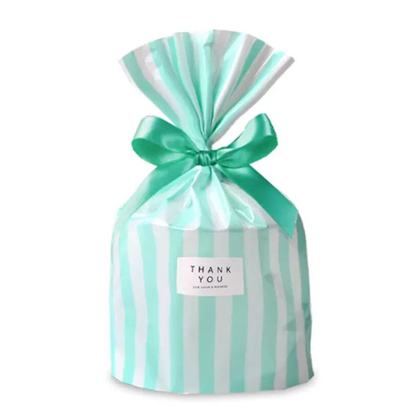 Mint green candy-stripe flat-bottom gift bag cinched with a green ribbon