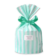 [gallery] Mint green candy-stripe flat-bottom gift bag cinched with a green ribbon