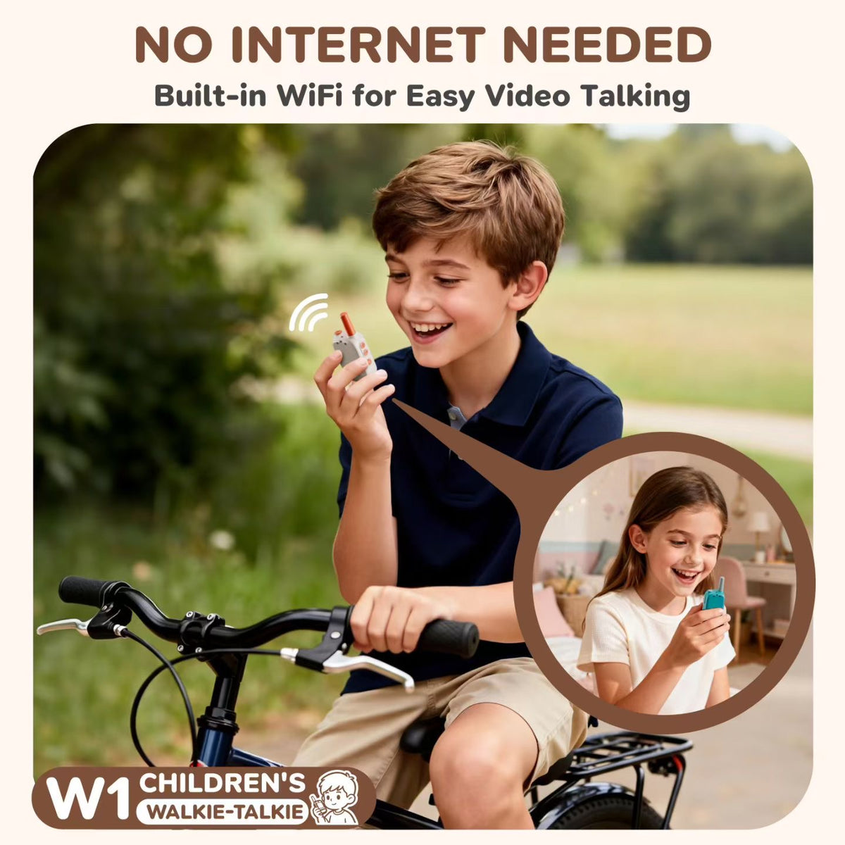 W1 kids using video walkie-talkies outdoors — no internet needed