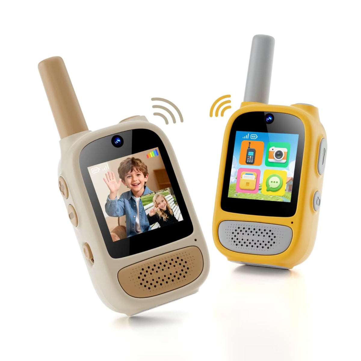 W1 video walkie-talkie pair in beige and yellow showing live video and app menu