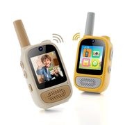 [gallery] W1 video walkie-talkie pair in beige and yellow showing live video and app menu