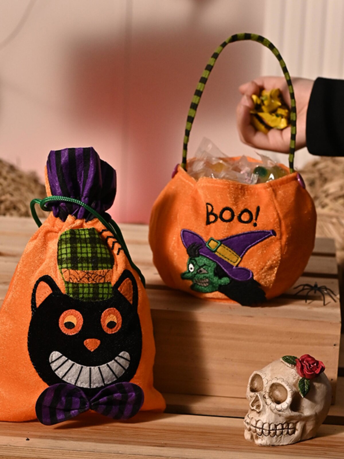 Halloween plush candy bags — green and purple trick-or-treat styles