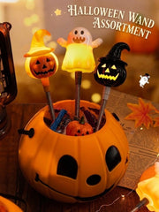 [gallery] Halloween wand assortment — orange-hat, ghost, and black-hat in a pumpkin bucket