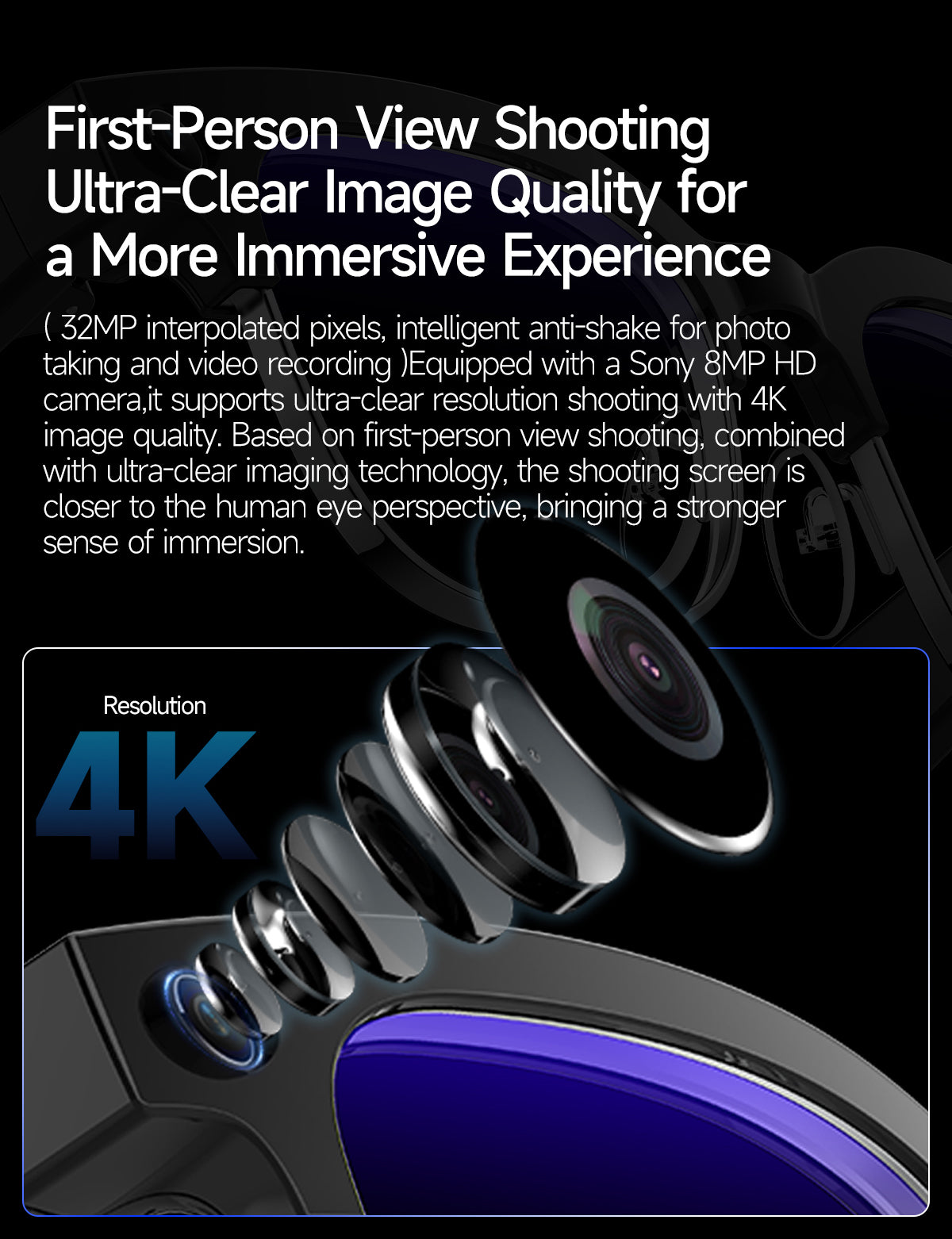 DJZ663 smart glasses close-up — camera module and temple electronics