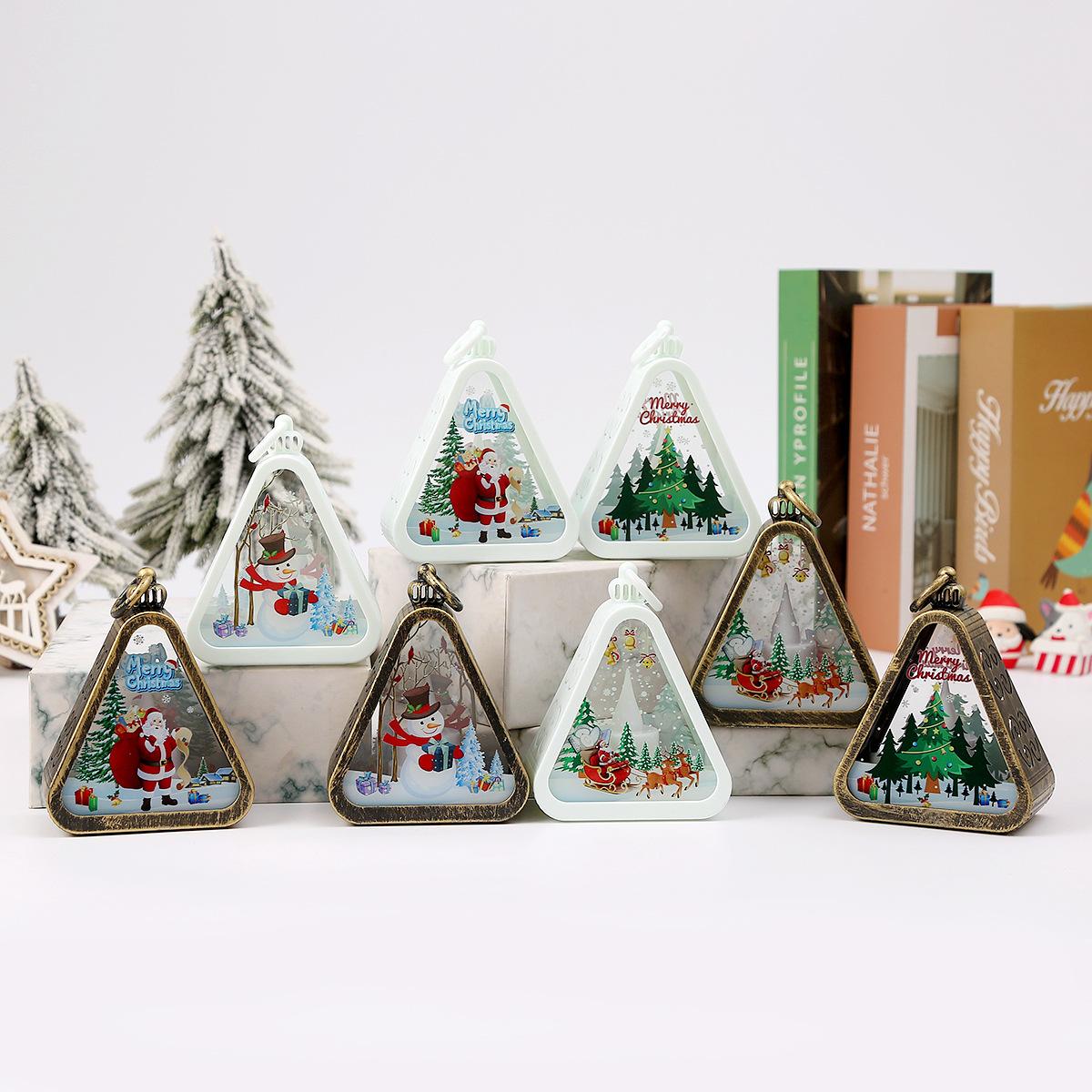 Christmas retro LED lantern — close-up of the glowing acrylic triangle