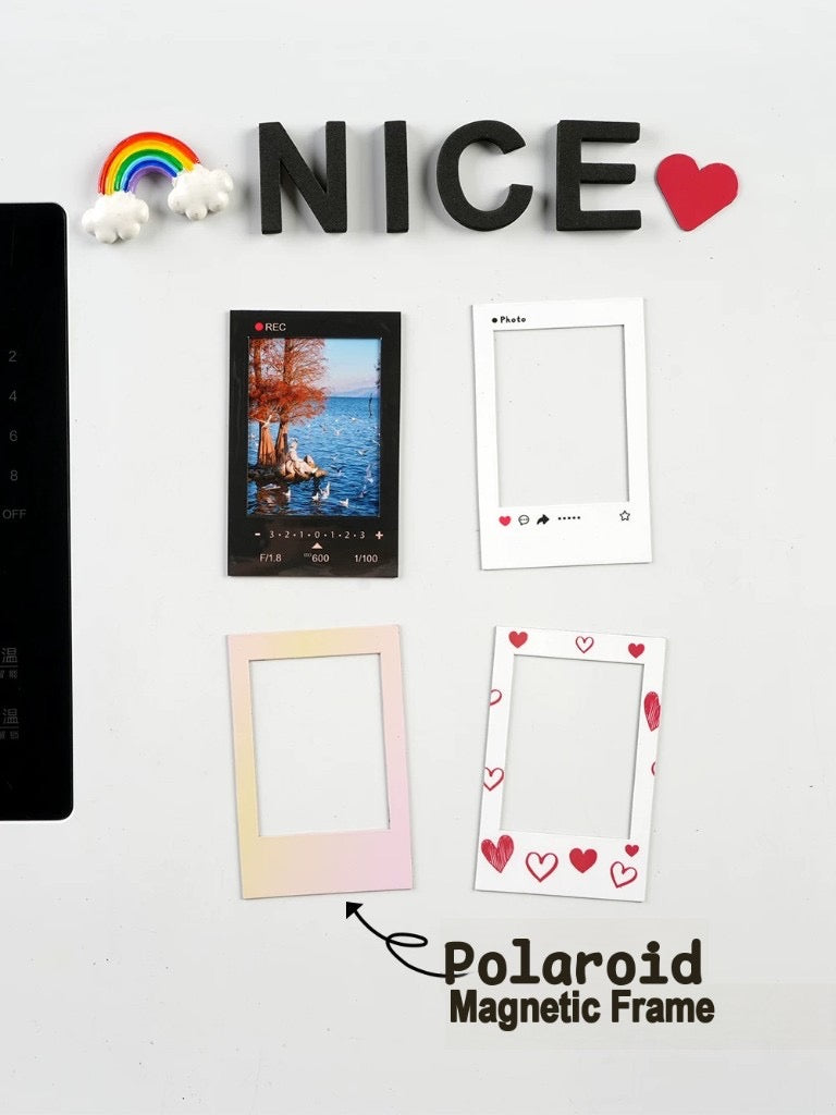 [gallery] ELFINBOOK instant photo fridge magnets — four frame styles on a fridge