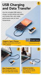 [detail] G22 portable camera — USB-C charging, phone/computer transfer, and webcam mode (Android Type-C phones)
