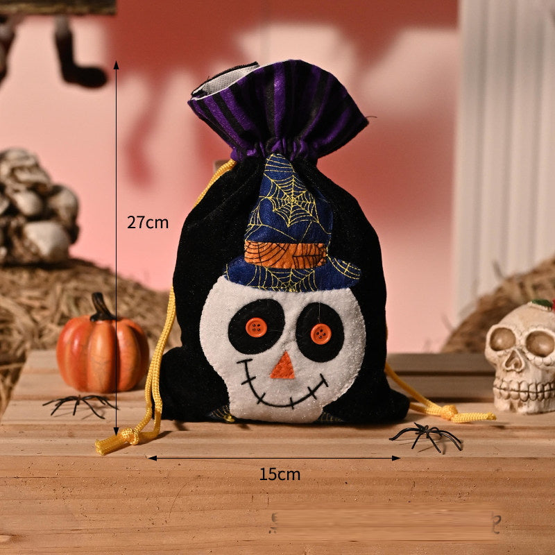 Halloween Plush Candy Bag — Black skull drawstring