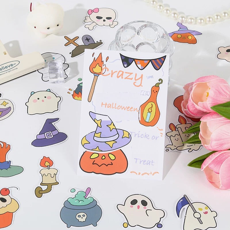 Crazy Halloween card with trick or treat designs and sticker samples