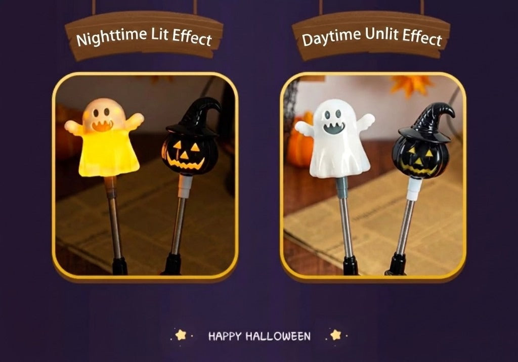Nighttime lit vs daytime unlit effect — ghost and black-hat pumpkin wands