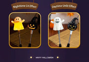 [detail] Nighttime lit vs daytime unlit effect — ghost and black-hat pumpkin wands