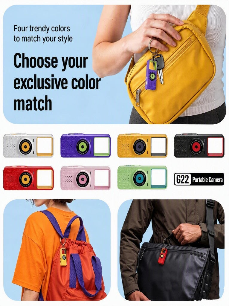 G22 portable camera — seven colorways and bag-clip lifestyle carry