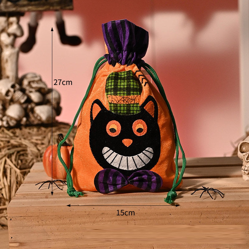 Halloween Plush Candy Bag — Orange black cat drawstring