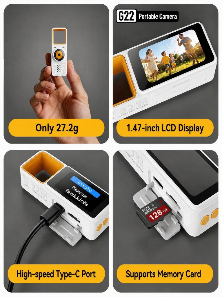 G22 portable camera — 27.2g, 1.47-inch LCD, Type-C port, and memory card support