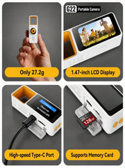 [detail] G22 portable camera — 27.2g, 1.47-inch LCD, Type-C port, and memory card support