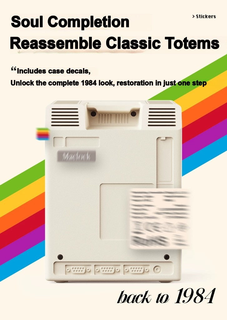 Maclock retro desk clock — back view with case decals