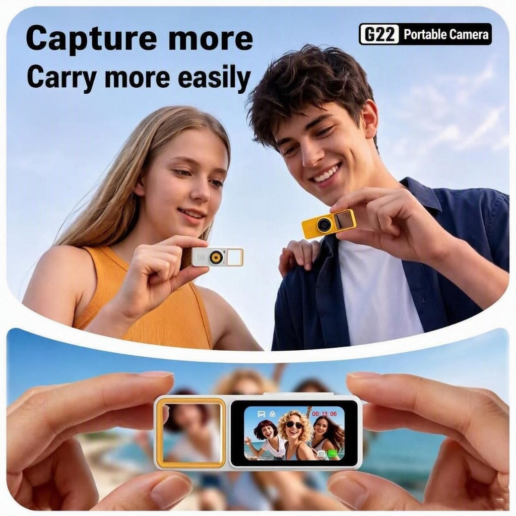 G22 portable camera — capture more, carry easily; screen and viewfinder lifestyle