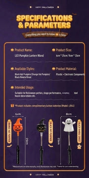 [detail] LED pumpkin lantern wand specifications — sizes, styles, materials, and included LR44 batteries