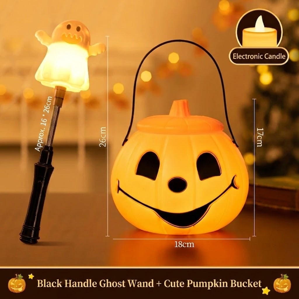 Black-handle ghost wand + cute pumpkin bucket with electronic candle