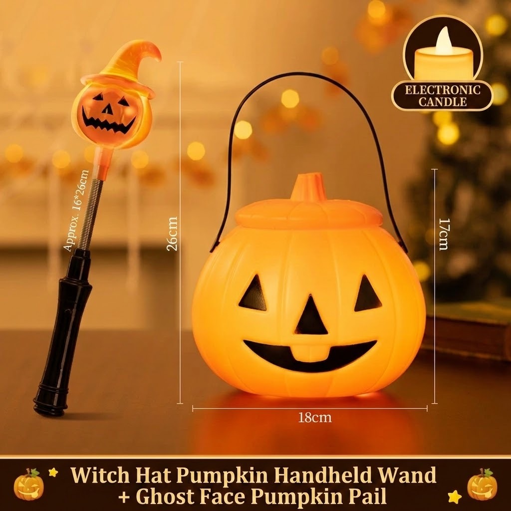 Witch-hat pumpkin wand + ghost-face pumpkin pail with electronic candle