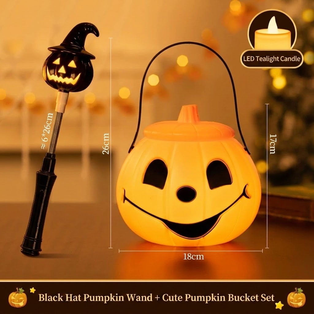 Black-hat pumpkin wand + cute pumpkin bucket set with LED tealight
