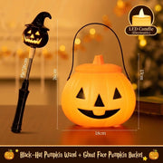 [variant] Black-hat pumpkin wand + ghost-face pumpkin bucket with LED candle