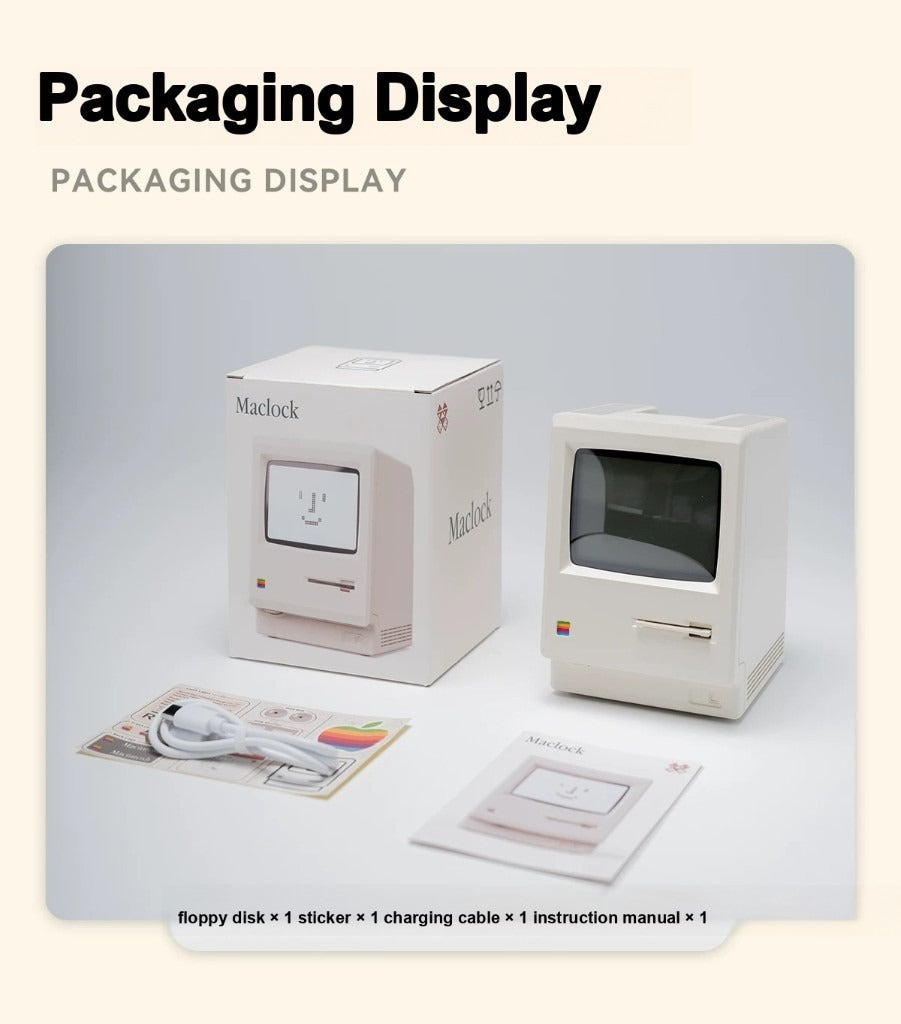 Maclock retro desk clock — packaging display with accessories
