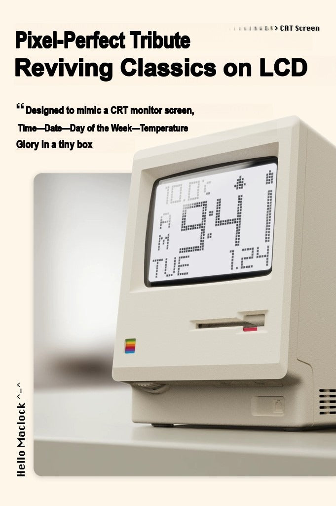 Maclock retro desk clock — pixel-perfect CRT screen tribute